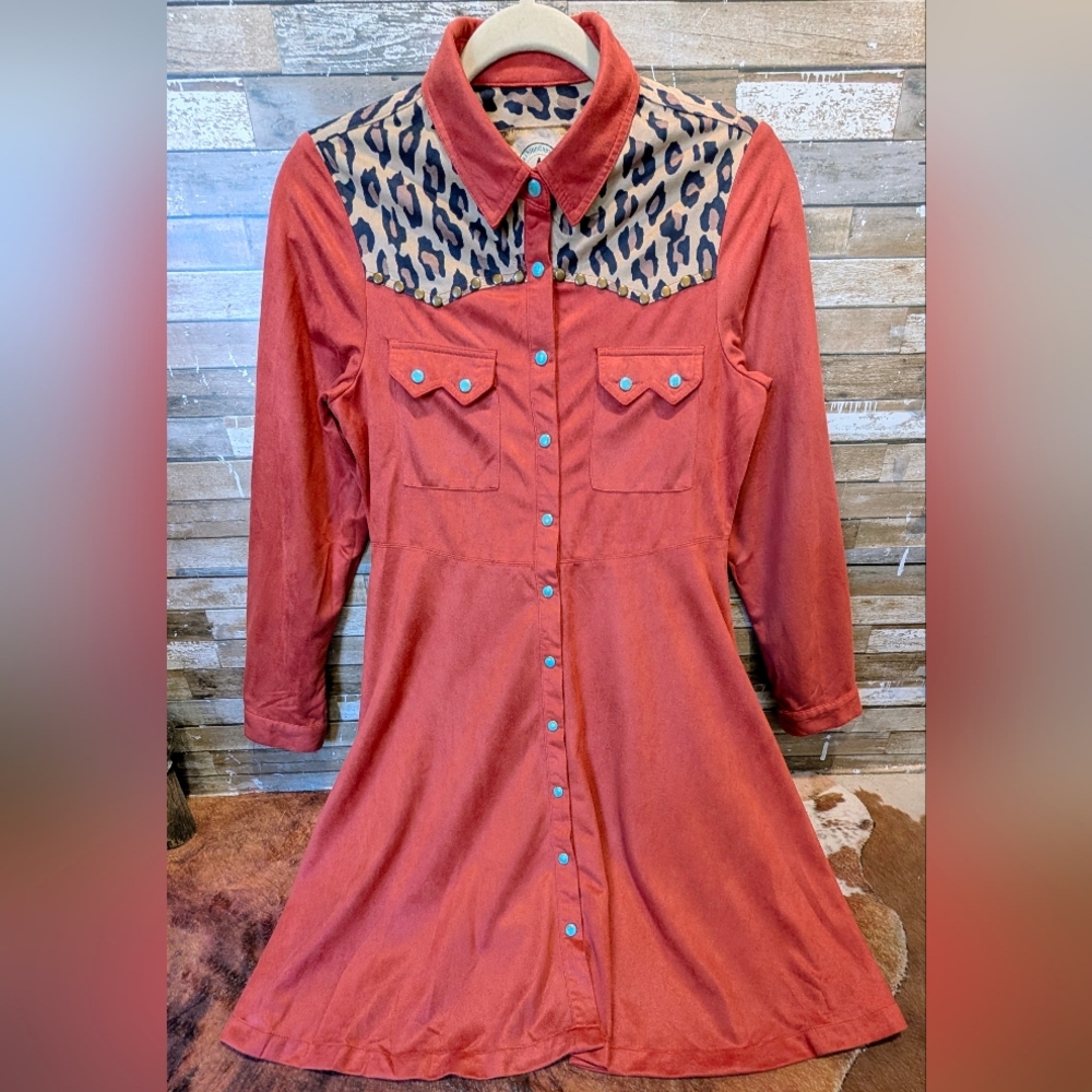 Fashion Express From Cavenders Orange Dress W Animal Print Turquoise Snaps Studs